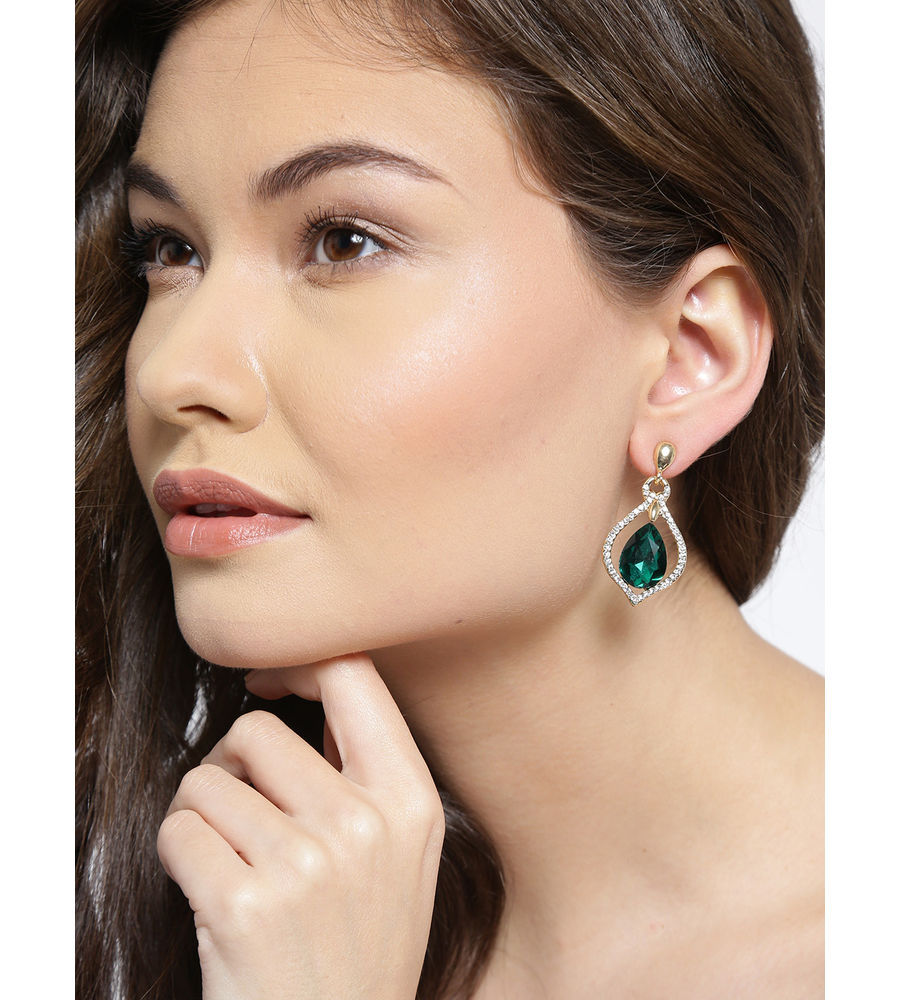 YouBella Off-White  Green Gold-Plated Teardrop Shaped Drop Earrings
